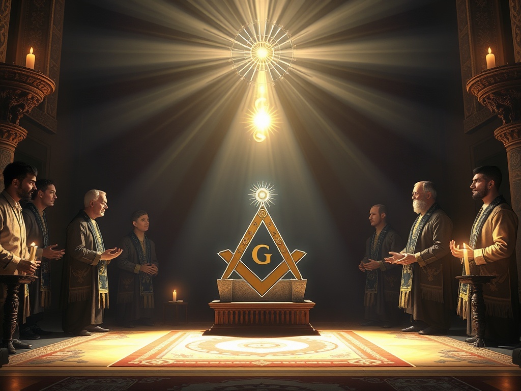 Masonic initiation ritual with candidate experiencing enlightenment and spiritual transformation through degrees with light and sacred geometry