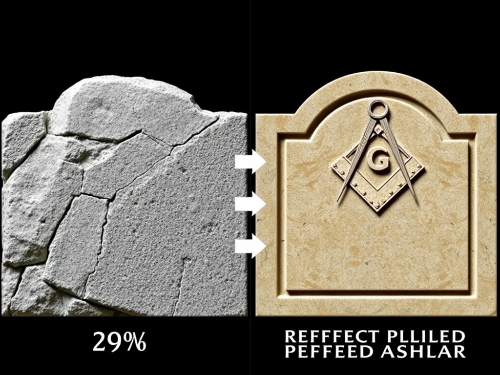 Transformation from rough ashlar stone to perfect polished ashlar in Freemasonry showing masonic tools and symbols