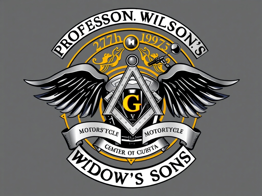 Professional Widow's Sons motorcycle charitable organization emblem featuring motorcycle elements with Masonic symbols