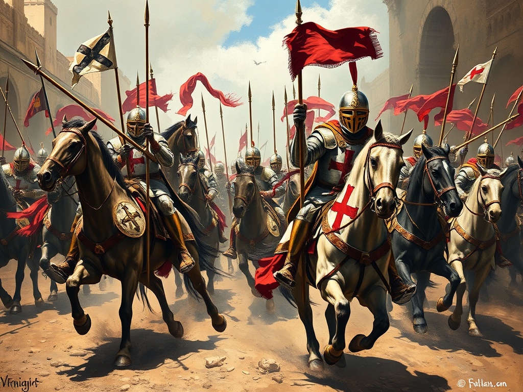 Historical artwork depicting Knights Templar in combat during the Crusades