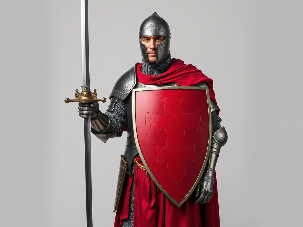 Medieval knight in full Templar armor with red cross shield