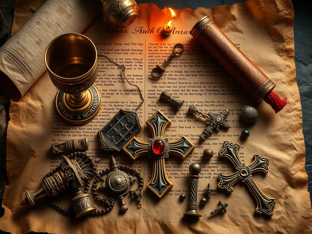 Religious artifacts and treasures including chalice, manuscripts, and jeweled cross