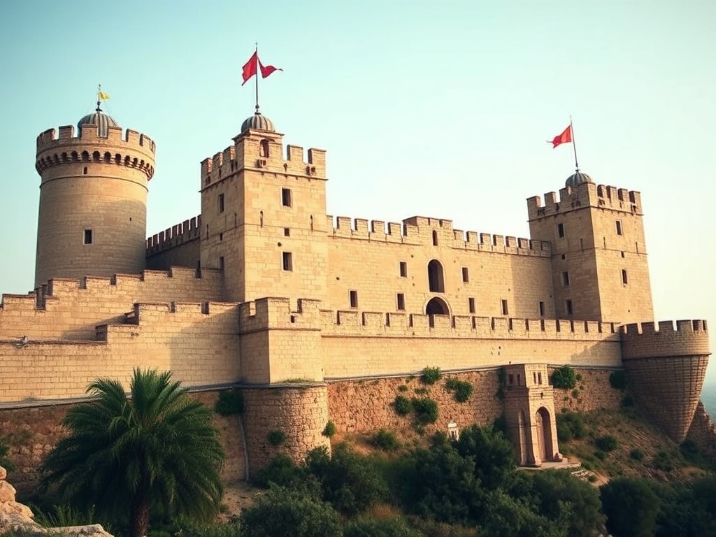Knights Templar fortress with medieval stone fortifications and towers