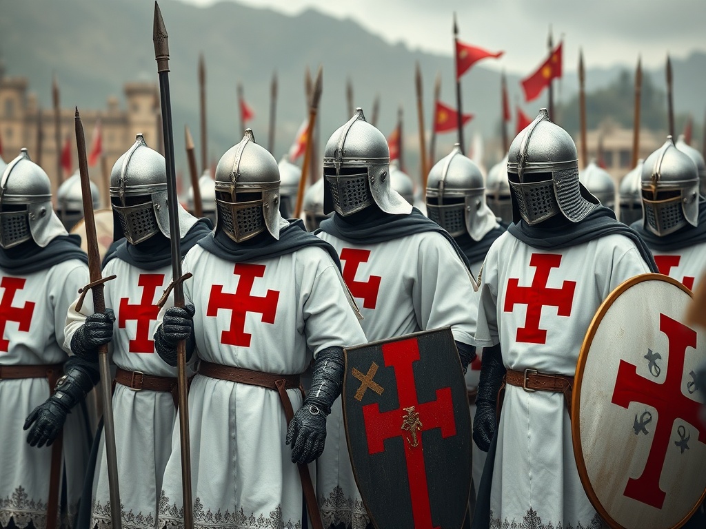 Medieval Knights Templar warriors in white surcoats with red cross emblems in formation