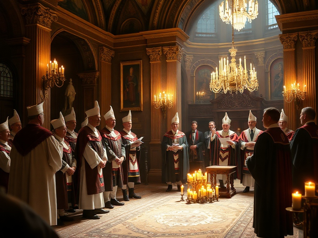 Elaborate degree conferral ceremony with robed officers and candidates in ornate ceremonial chamber
