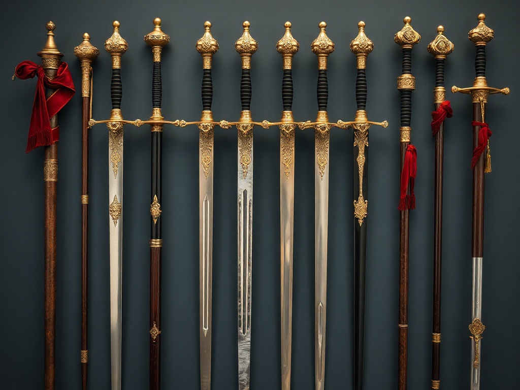 Ornate ceremonial sword and military staffs arranged formally with decorative hilts and metalwork detail