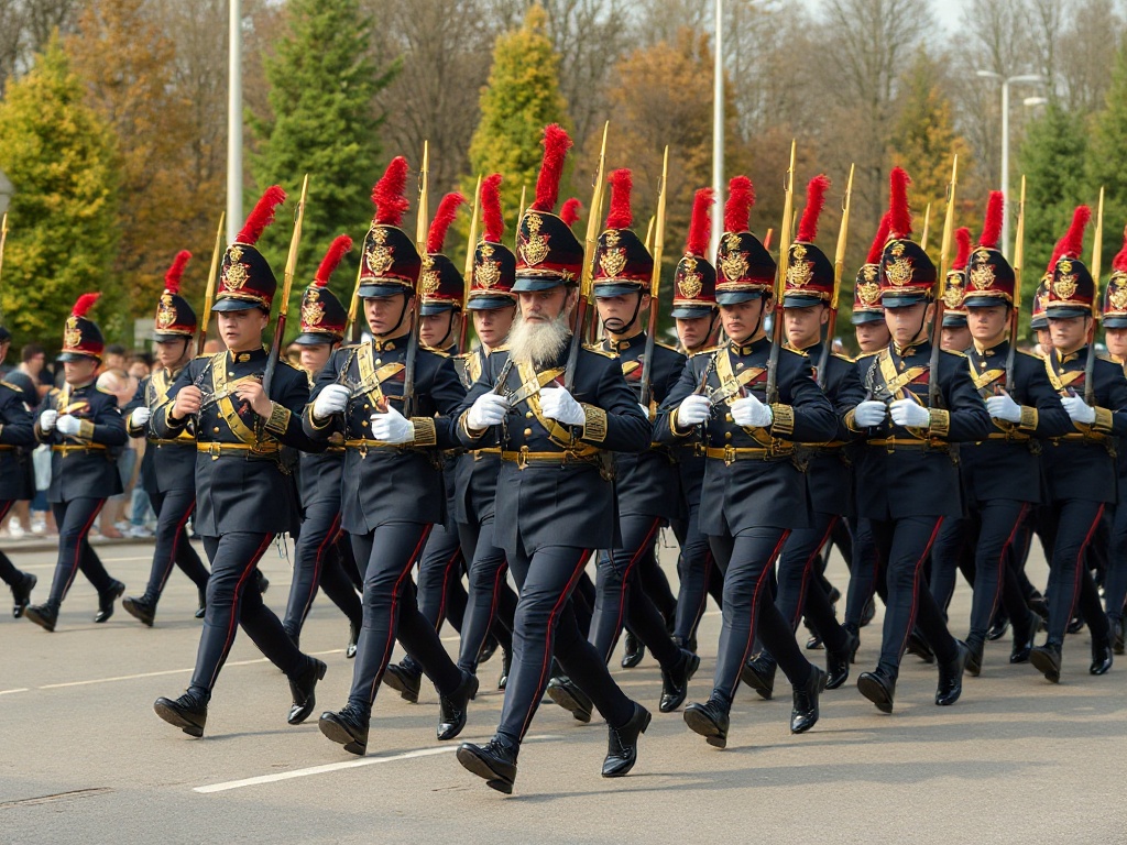 Patriarchs Militant company in precise military drill formation wearing formal ceremonial uniforms