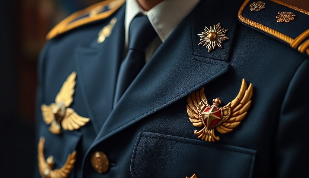 Close-up detail of military rank insignia badges, shoulder boards, and decorative chevrons with golden details