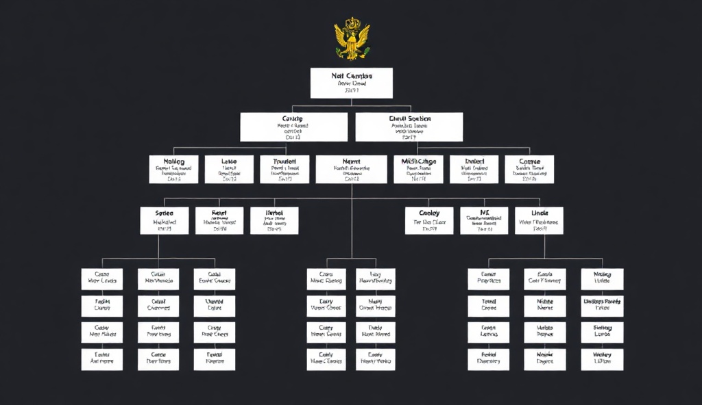 Military command structure hierarchy diagram showing ranks and positions in formal military style