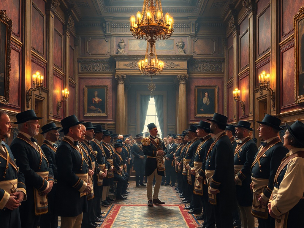 Historical fraternal ceremonial gathering from early 1800s showing formally dressed members in ceremonial attire