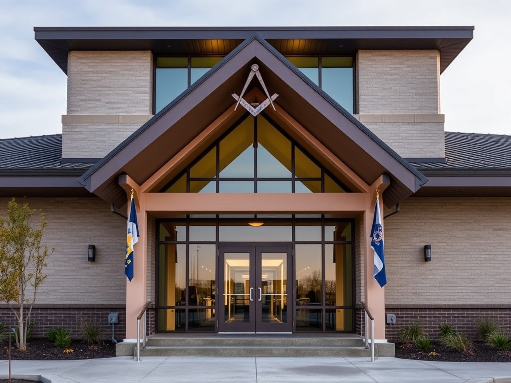 Modern Masonic Lodge building with contemporary architecture and Masonic symbols