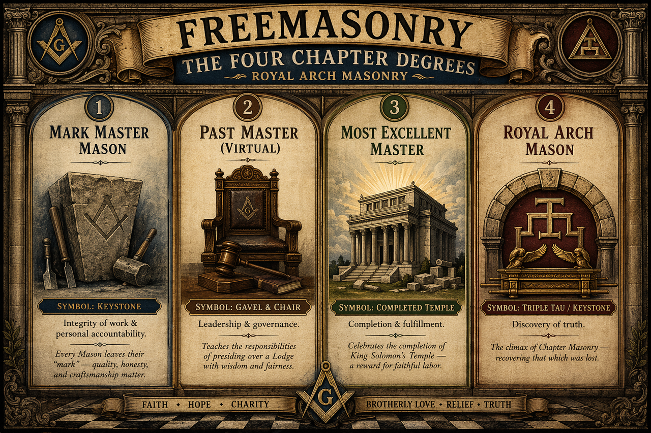 Progressive sequence of four Chapter degrees: Mark Master Mason, Past Master, Most Excellent Master, and Royal Arch symbols