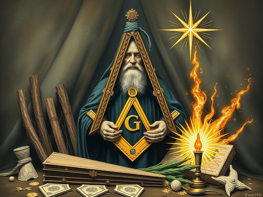 Master Mason surrounded by symbols of mortality and transcendence including acacia sprig, coffin, and blazing star