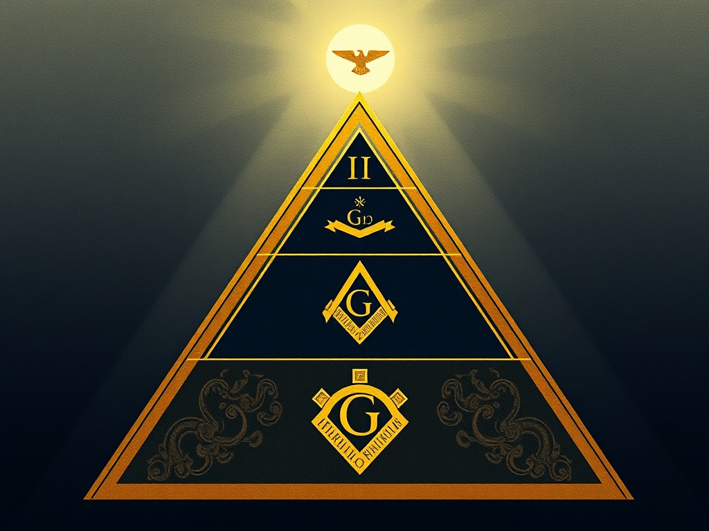 Three degrees of Freemasonry displayed as ascending levels with symbols and spiritual significance