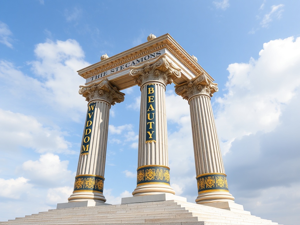 Three great pillars of Freemasonry - Wisdom, Strength, and Beauty with masonic iconography