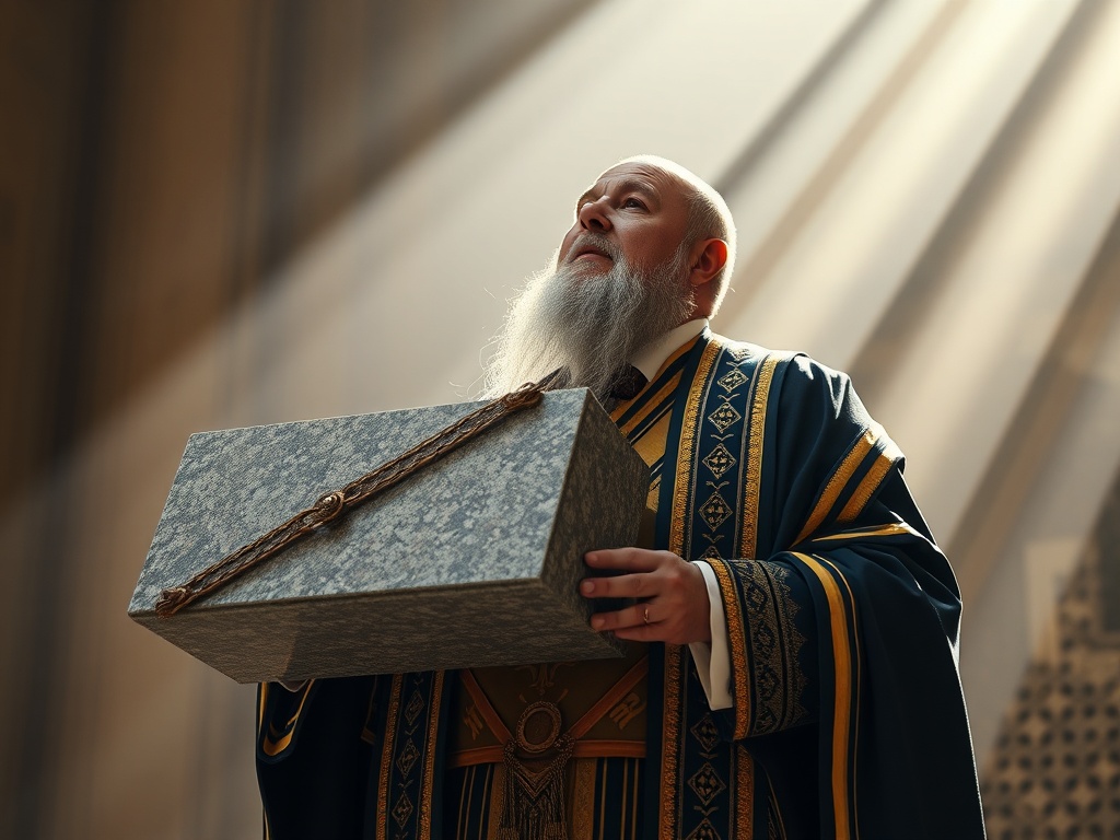 Master Mason in ceremonial robes achieving completion and mastery with perfect ashlar stone radiating light and spiritual completion