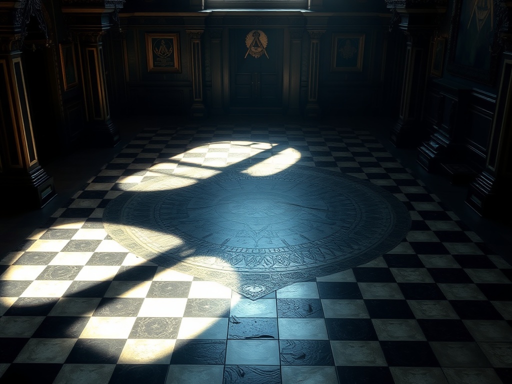 Masonic lodge floor with checkered pavement showing light and darkness duality and balance of creation