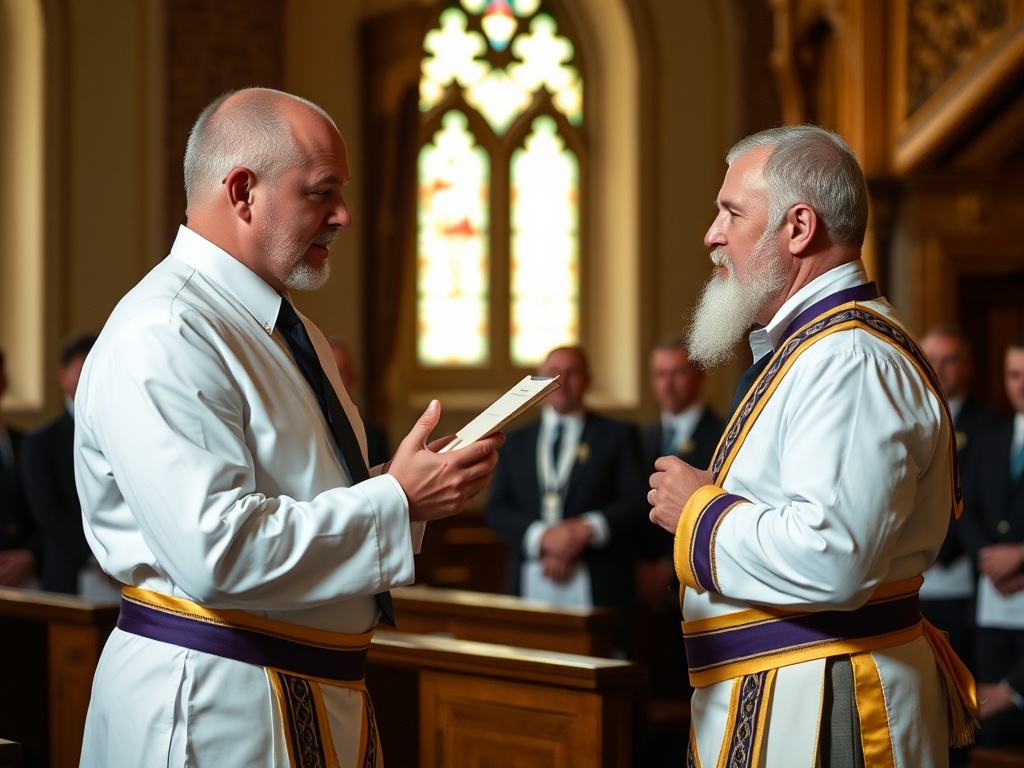 Masonic Entered Apprentice initiation ceremony with candidate taking oath and transformative journey