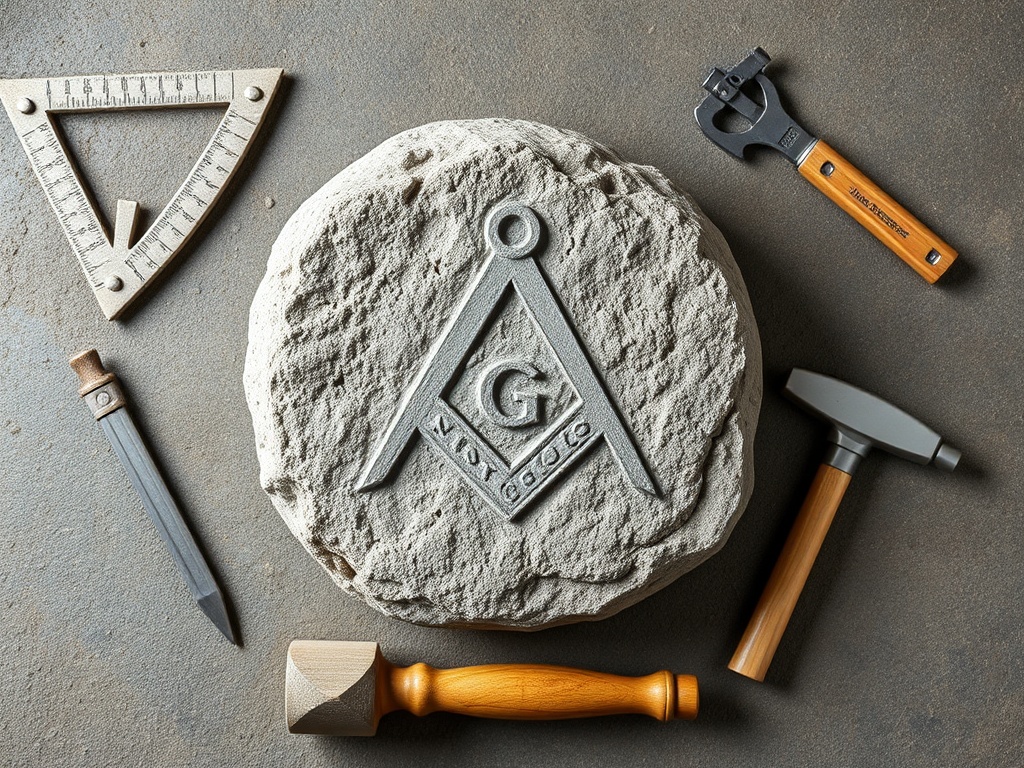 Rough ashlar stone surrounded by masonic working tools including square, compass, gavel, and chisel