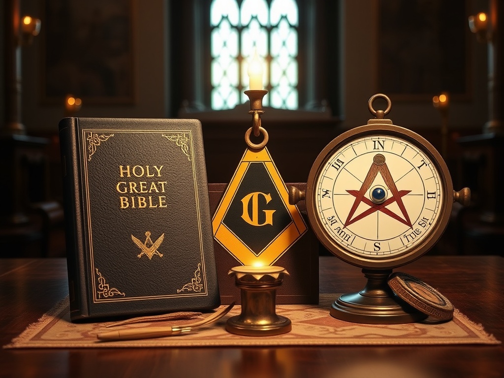 Three great lights of Freemasonry - Holy Bible, square, and compass displayed in lodge