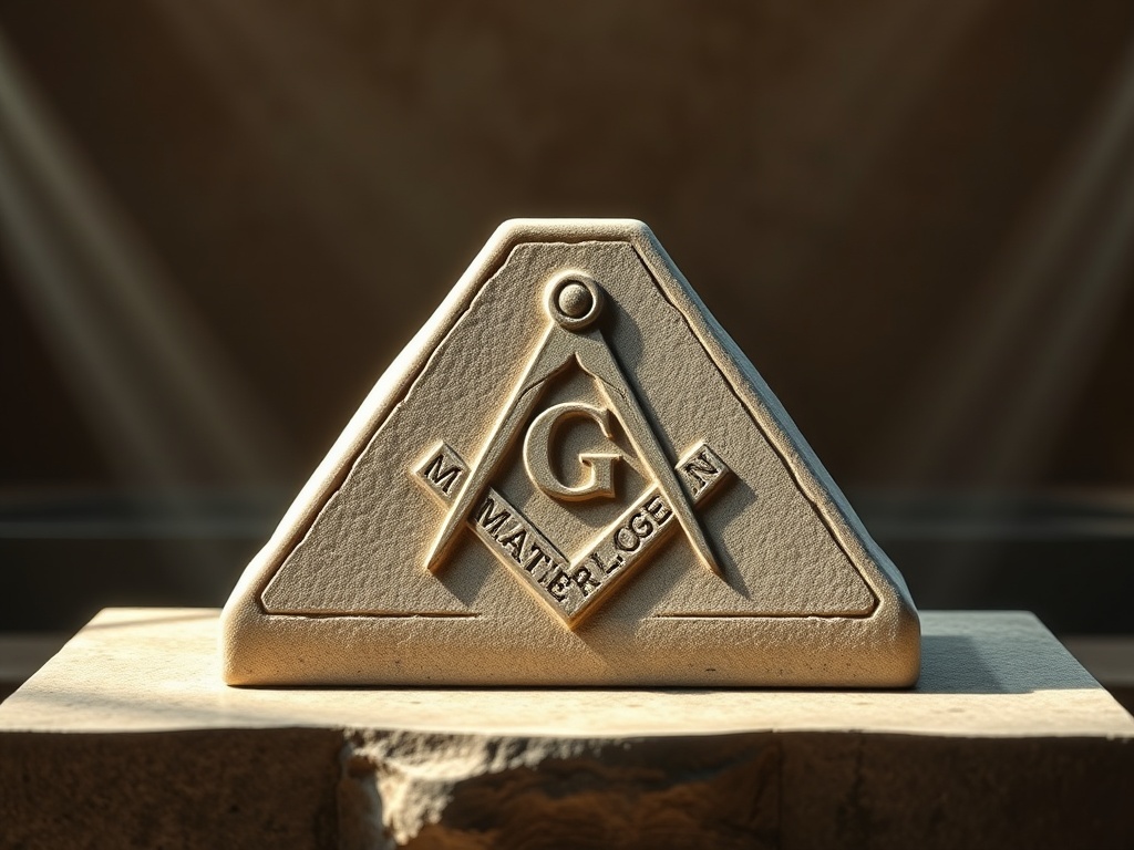 Masonic Master Mason degree symbolic image with perfect ashlar, mystical symbols and celestial imagery
