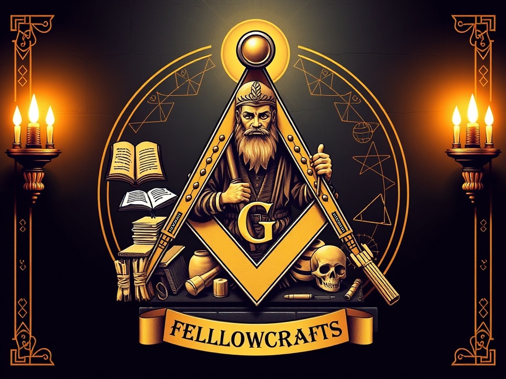 Masonic Fellowcraft degree symbolic image with working mason tools and sacred geometry