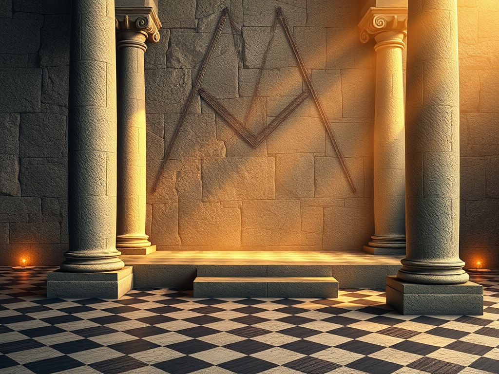 Masonic Entered Apprentice degree symbolic image with rough ashlar stone, pillars, and initiation ceremony