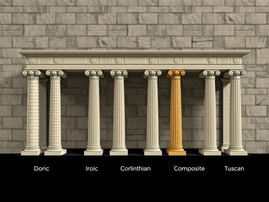 Five Orders of Architecture in classical masonry showing Doric, Ionic, Corinthian, Tuscan, and Composite orders