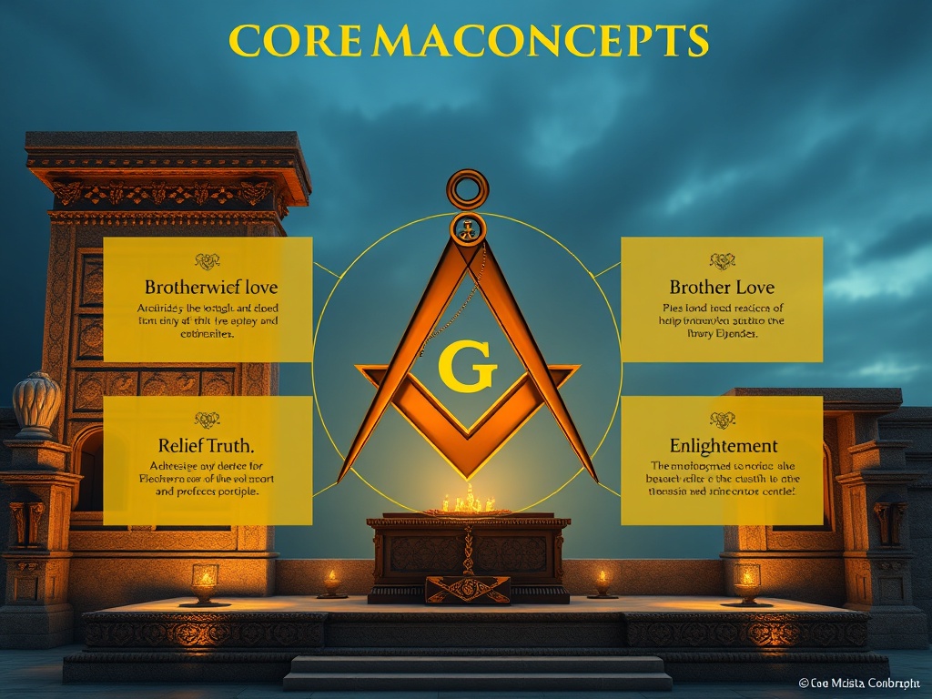 Core masonic concepts visualization showing principles of brotherly love, relief, and truth
