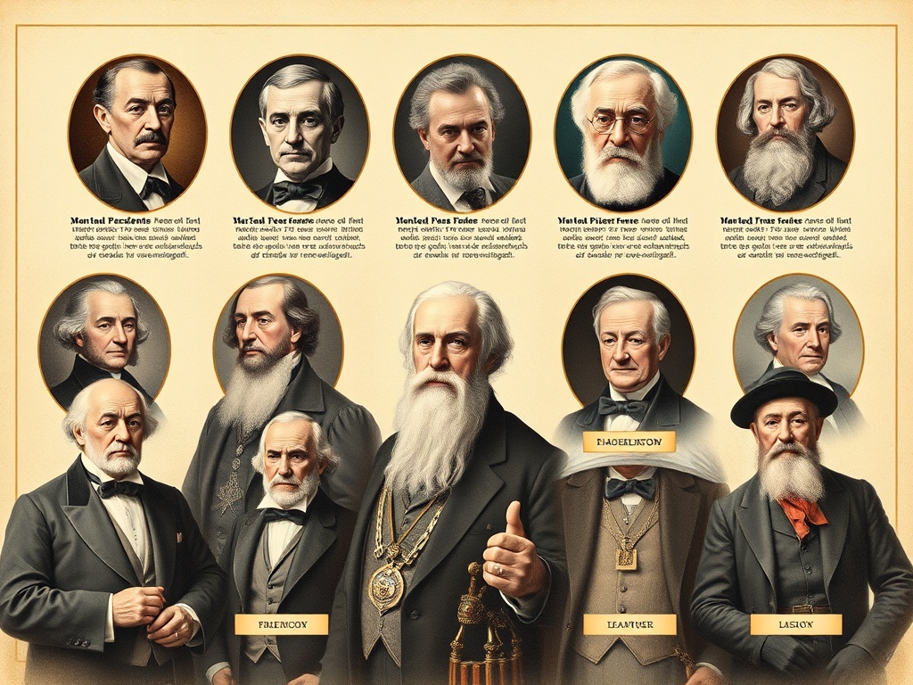 Portraits and achievements of notable freemasons including presidents, scientists, and cultural leaders