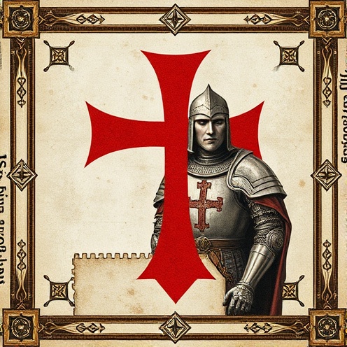 Knights Templar red cross emblem on white background with medieval knight armor and sacred geometry