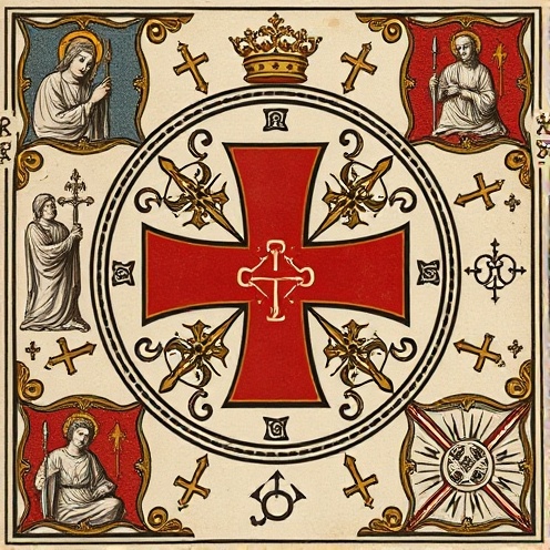 Order of the Red Cross emblem with sacred geometry and medieval religious imagery