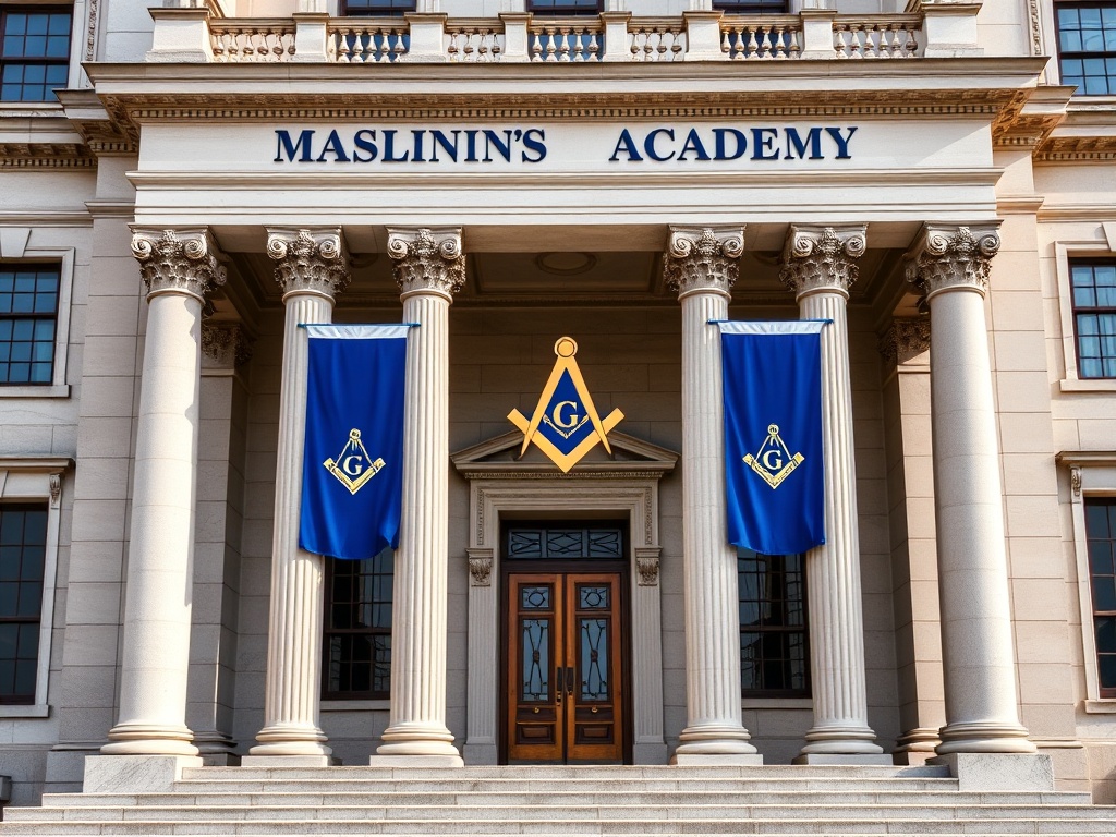 Formal masonic academy building with classical columns and masonic emblems