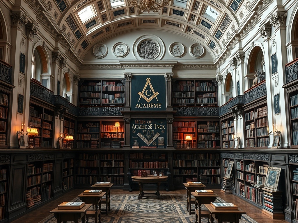 Elegant library interior with masonic symbols and ancient books