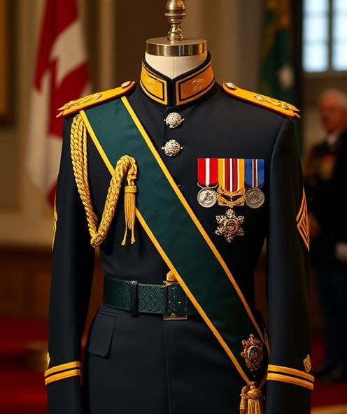 Formal military-style ceremonial regalia and dress uniform with sash, insignia, and medals