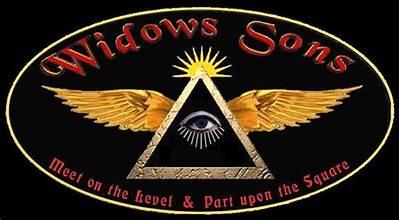 Widow's Sons motorcycle charitable organization emblem featuring motorcycle elements with Masonic symbols