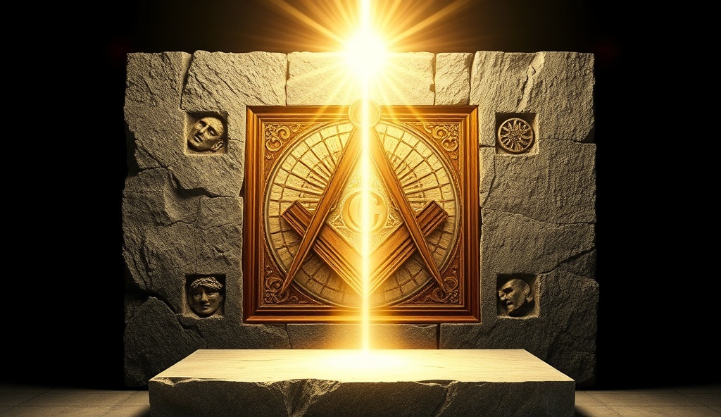 Master Mason degree symbolism with perfect ashlar stone, celestial symbols, and spiritual transcendence