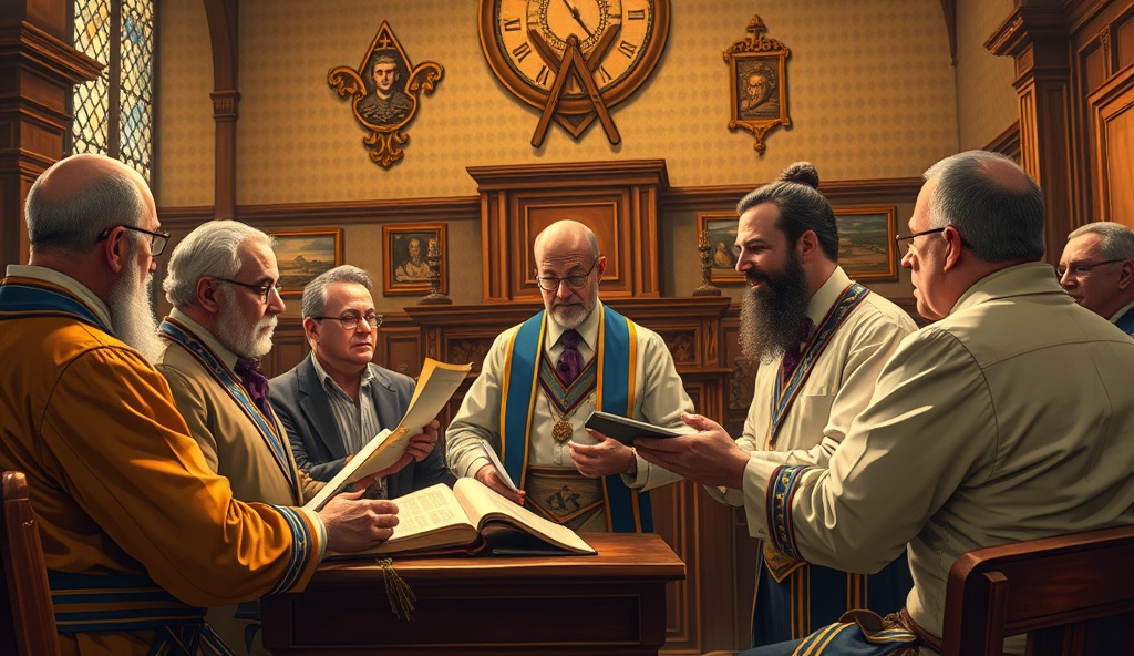 Masonic learning and enlightenment with candidate receiving instruction from experienced Masons