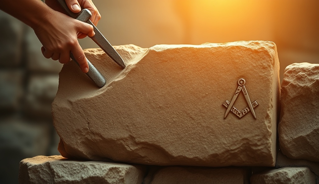 Masonic symbolism showing rough ashlar stone being shaped by tools with square and compass symbols