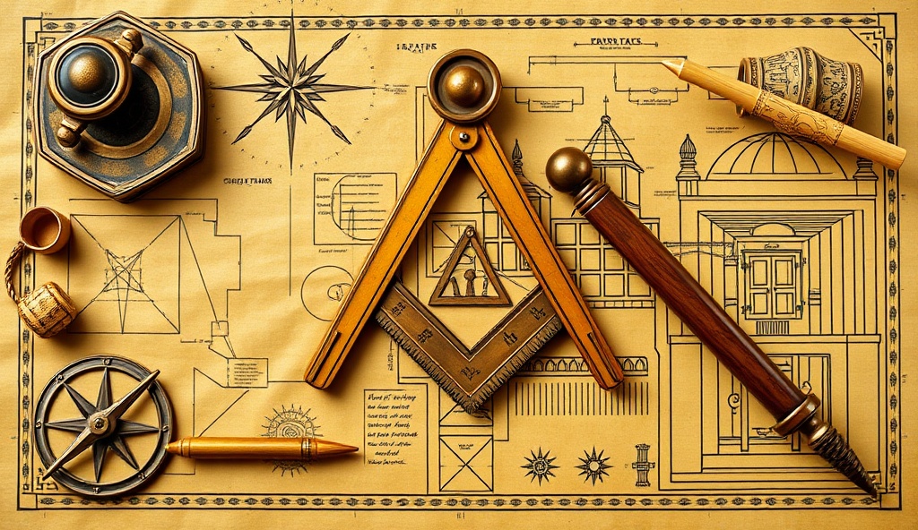 Masonic symbolism of the Fellowcraft degree showing tools, sacred geometry, and architectural patterns
