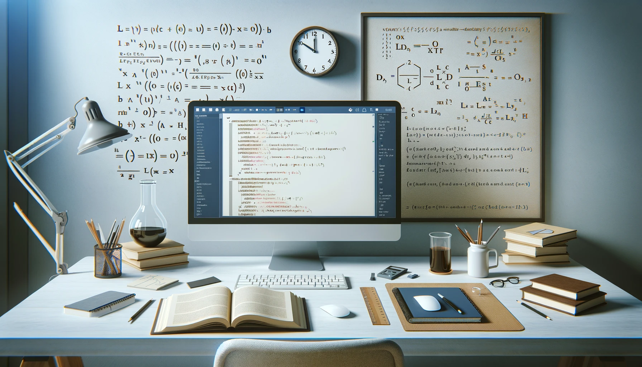 dall·e 2024-05-20 19.09.30 - create an image depicting the process of writing with latex. include elements such as a computer screen displaying latex code, mathematical equations,.webp