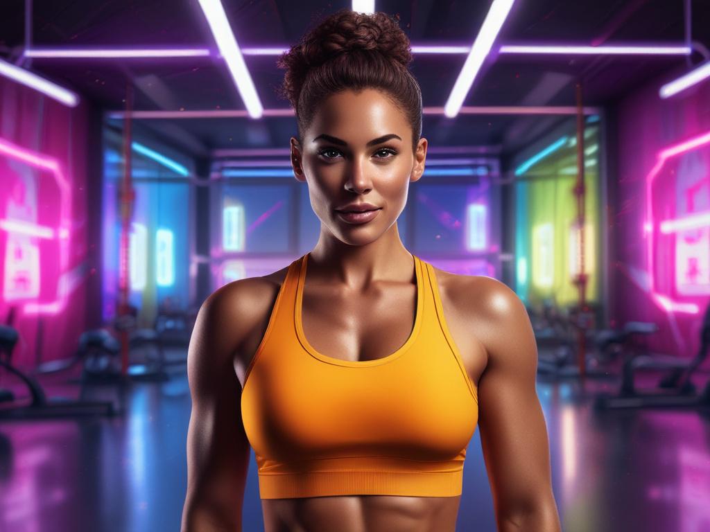 A confident individual showcasing their transformation at a vibrant fitness studio. The environment is filled with neon colors, emphasizing energy and vitality. The subject is posing with a sense of accomplishment and strength, surrounded by minimalistic gym elements. The composition highlights their toned physique and positive mindset, inspiring others to join the journey.