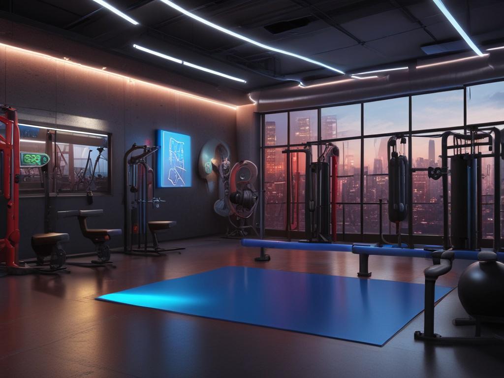 A focused trainer providing personalized coaching to a client in an underground gym setting. The atmosphere is neon-lit, with bold colors like electric blue and rich black. The trainer is demonstrating a workout move, while the client looks engaged and determined. The background features minimalistic gym equipment, enhancing the motivational vibe.
