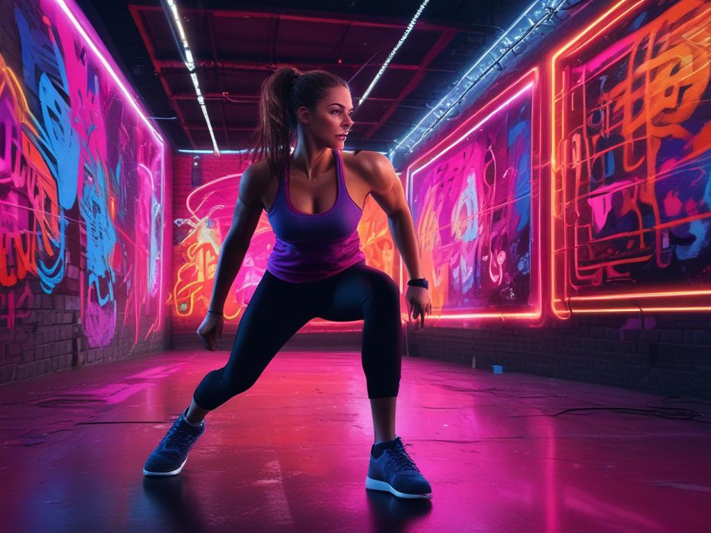 A dynamic scene featuring a fit individual performing a high-energy workout in a vibrant, neon-lit environment. The background showcases abstract graffiti-inspired designs with electric blue and black elements. The subject is focused and energized, highlighting determination and strength. The lighting accentuates the intensity of the workout, creating a motivational atmosphere.