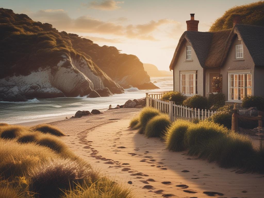 **Prompt for AI Image Generator:**

Create a realistic high-resolution photo that visually represents the theme "Top Weekend Getaways in the UK." The composition should focus on a single subject: an inviting coastal cottage overlooking a tranquil beach at sunset. The cottage should feature charming stone walls with soft white window frames, adorned with vibrant flower boxes overflowing with blooms. 

In the foreground, include a meandering path leading to the cottage, flanked by lush green grass. The backgr