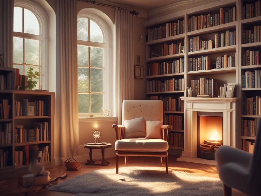 An inviting storytelling nook with soft, warm lighting, featuring a