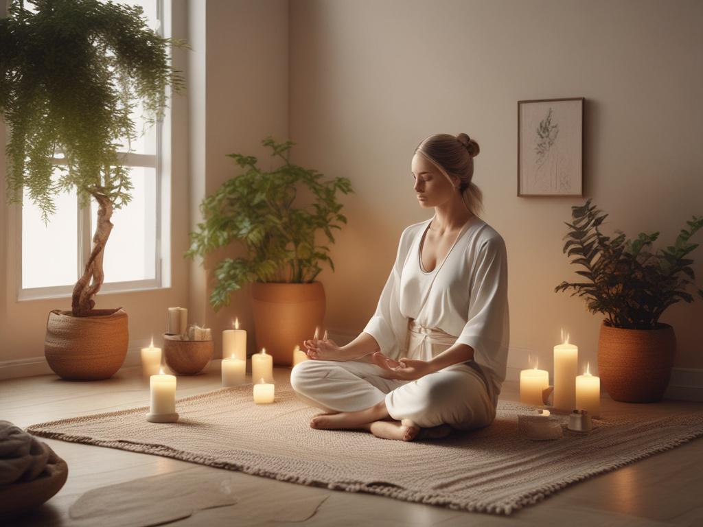 A peaceful meditation space with soft lighting and gentle decor,