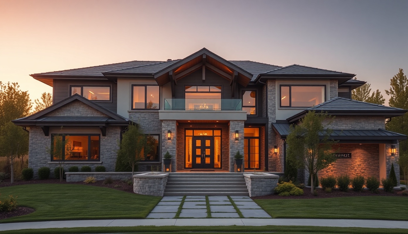 Luxury custom home exterior at golden hour
