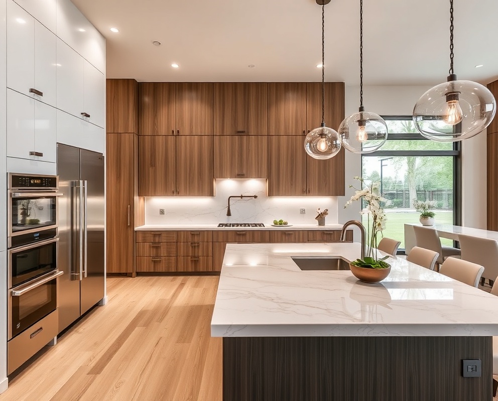 Luxury custom home kitchen interior with marble countertops