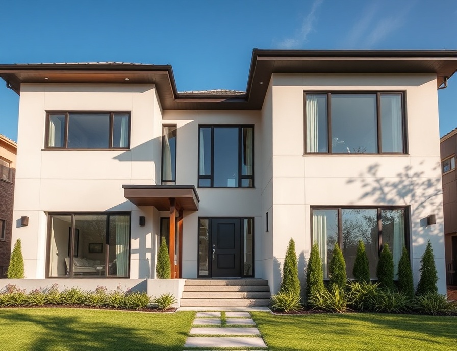 Contemporary custom home exterior with professional landscaping